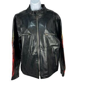 BC Ethic Womens Size Medium Black Faux Leather Jacket With Red Flame Sleeves